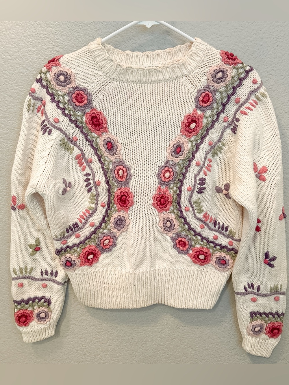 Vintage Cottage Core Embroidered Flower Chunky Knit Sweater Small 80s 90s Ramie